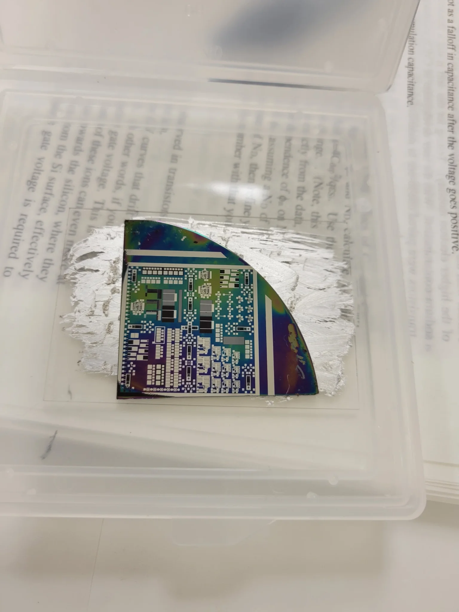 My chip, still intact and on its testing slide, affixed with indium metal.