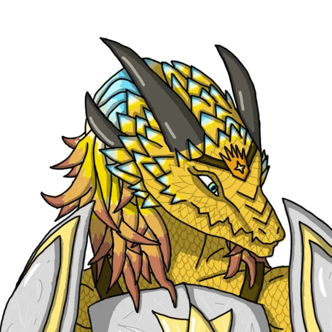 Ayeridia (Ayer) was a princess from a fallen draconic kingdom who was trying to slowly regain power and allies to rebuild her lost nation. Mechanically, she was a lawful evil brass dragonborn vengeance paladin, but I wrote her lineage as half brass, quarter blue, quarter white which gave her the more golden scale color and the light blue coloring on her head.